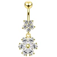 3 Micron 18K Yellow Gold Plated Clear CZ Stone Dual Flower Dangling 925 Sterling Silver Belly Button Ring