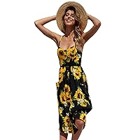 Women Casual Bohemian Floral Dresses Spaghetti Strap Long Summer Swing Dress Strappy Backless Maxi Dress with Pockets