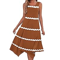 Summer Sun Dress Sundresses for Women 2024 Striped Print Casual Fashion Patchwork Slim with Sleeveless Round Neck Swing Dress Brown Medium