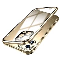 Lockable iPhone 12 Pro 6.1-inch Anti-Peeping Case with Camera Lens Protector Privacy Screen Protector Strap Hole Aluminum Alloy Metal Bumper Case Double Lock Glass Case Cover (12Pro, Gold)