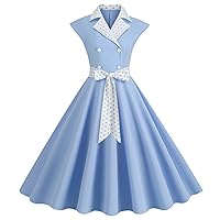 1950s Dresses for Women Fashionable Suit Collar Polka Dot Casual Solid Color Large Swing Dress with Belt