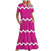 Summer Dresses for Women 2024 Casual Wavy Striped Print Flowy Tiered Maxi Beach Dress Loose Fit Short Sleeve Dress