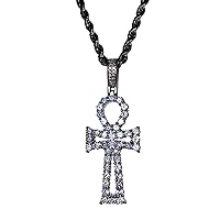 Men Women 925 Italy Finish Iced Ankh Cross Charm Ice Out Pendant Stainless Steel Real 2 mm Rope Chain Necklace, Mens Jewelry, Iced Pendant, Rope Necklace