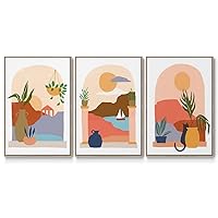 Canvas 3 Piece Wall Art Home Prints Abstract Mountains Landscape Scenery with Boat & Cat Canvas Natural Floater Framed Artwork for Bedroom Office Kitchen - 24