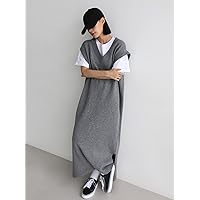 Women's Fashion Dress -Dresses Solid Slit Hem Sweater Dress Without Tee Sweater Dress for Women (Color : Gray, Size : Small)