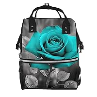 Teal Grey Rose Print Diaper Bag Multifunction Laptop Backpack Travel Daypacks Large Nappy Bag