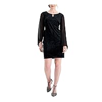 Connected Apparel Womens Black Embellished Velvet Tailored Fit Bell Sleeve Keyhole Short Party Sheath Dress Petites 14P