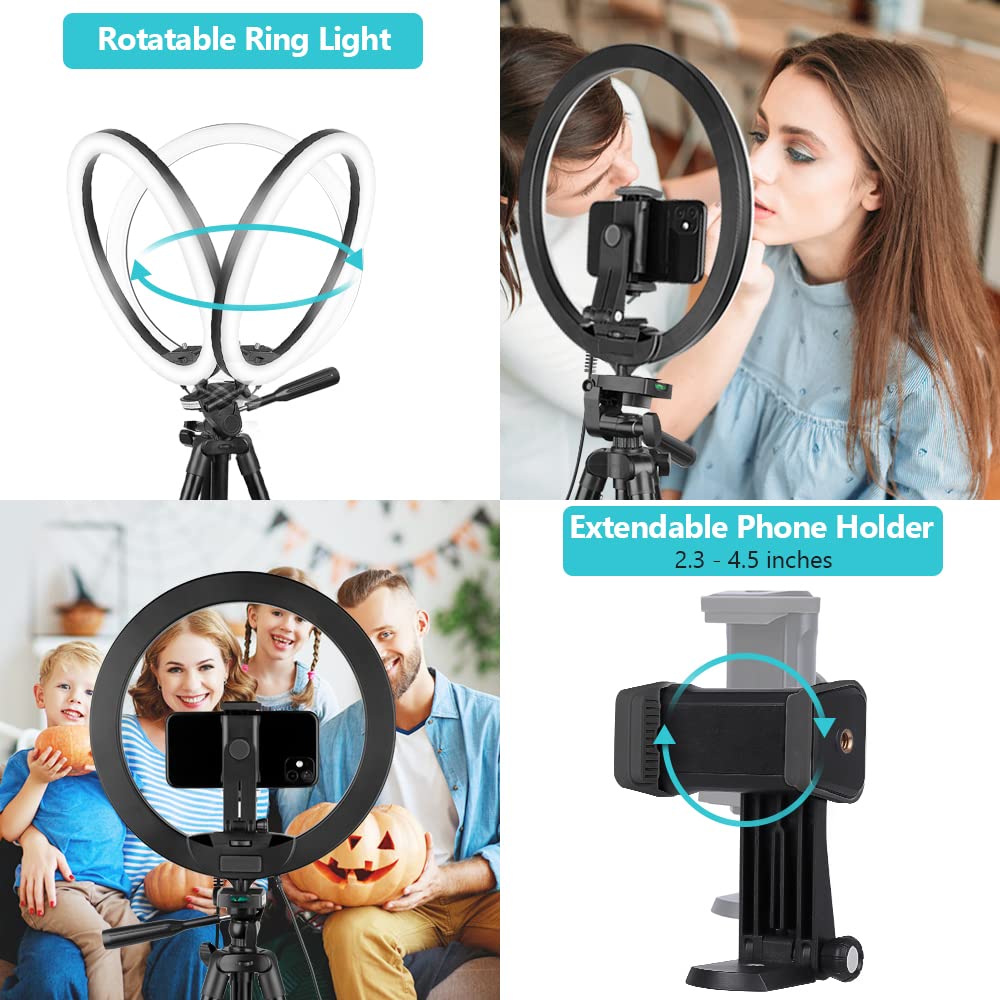 Sensyne 12'' Ring Light with 50'' Extendable Tripod Stand, LED Circle Lights with Phone Holder for Live Stream/Makeup/YouTube Video/TikTok, Compatible with All Phones