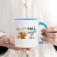 I Love Fall Most of All Tea Mugs, 11oz Accent Mugs with Sayings, Thanksgiving Harvest Halloween Porcelain Custom Tea Mugs for Coffee Beverages Cereal, Christmas Restaurant Housewarming Gift