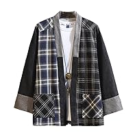Spring Autumn Kimono Plaid Jacket Men Loose Cardigan Coat Plus Size Spliced Color Chinese Style Outerwear