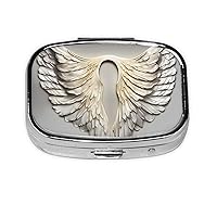 Angel Wing Print Square Mini Pill Box, 2 Compartment Pill Box, Portable Pill Box for Home Traveling