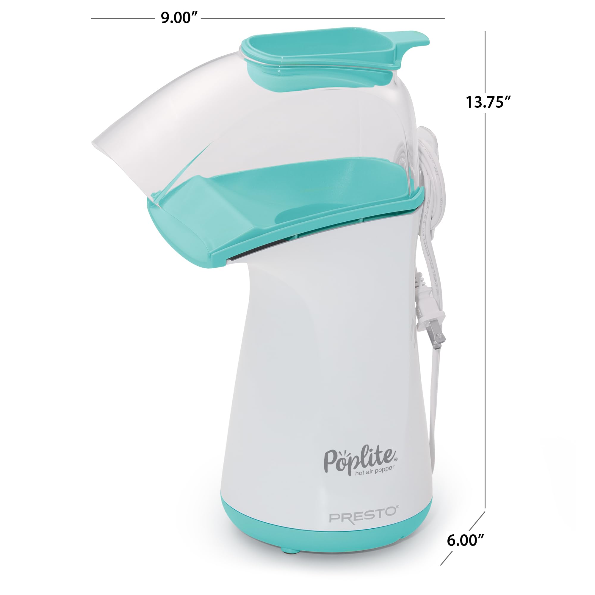 Presto 04869 PopLite Hot Air Popper - Built-In Measuring Cup + Melts Butter, Easy to Clean, Built-In Cord Wrap, 18 Cups, Aqua/White