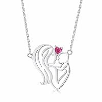 Mon Hug Child Heart Shaped Necklace Adjustable 925 Sterling Silver with Red Zircon Love Mom as Gift for Mother Grandmother
