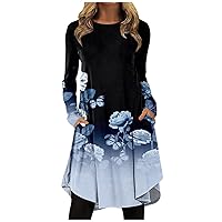 Hip Winter Tunic Women Homewear Tunic Long Sleeve Cotton Loose Fit Round Neck Print Pocket Comfy Tunic Ladie's