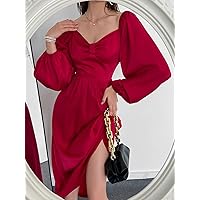 Women's Dress Sweetheart Neck Lantern Sleeve Satin Dress Dress for Women (Color : Red, Size : Large)