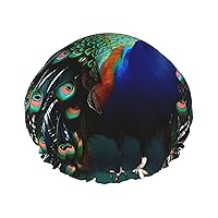 Beautiful peacock Print Shower Cap, Bath Shower Caps for Women Long Hair, Double Layer Waterproof Bathing Shower Hat