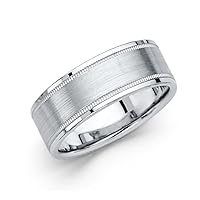 Wedding Band Solid 14k White Gold Ring Milgrain Border Brushed Finish Polished Style Mens 8 mm Size 9