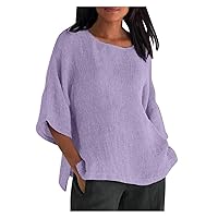 Women's Fashionable Casual Three Quarter Sleeve Round Neck Cotton and Linen Shirt Top Solid Color Mid