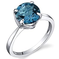 PEORA London Blue Topaz Elegant Solitaire Ring for Women 925 Sterling Silver, Natural Gemstone, 2.25 Carats Round Shape 8mm, Sizes 5 to 9