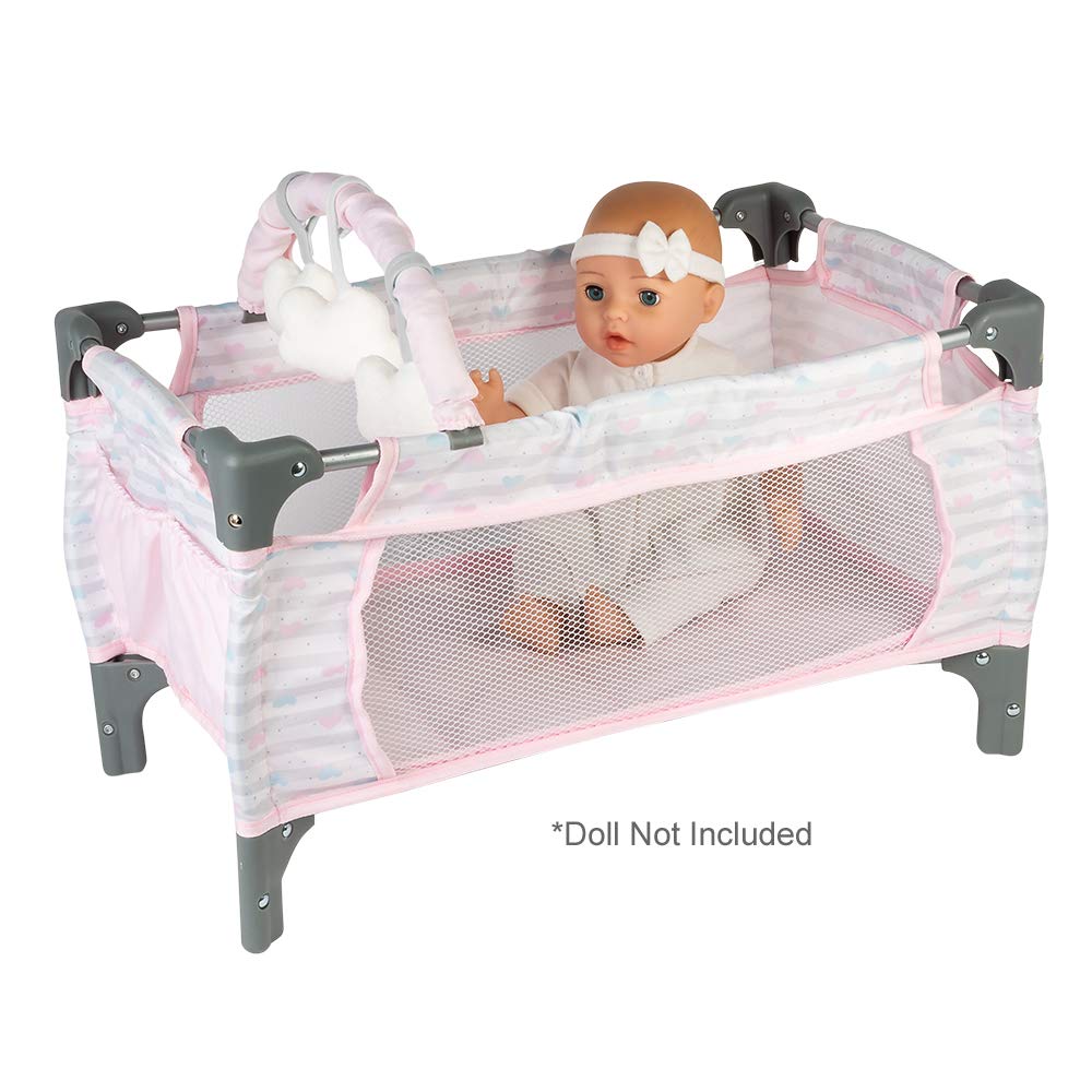 Adora Baby Doll Crib Pink Deluxe Pack N Play 7-Piece Set Fits Dolls up to 20 inches, Bed/Playpen, Changing Table, 3 Clouds and Storage Bag