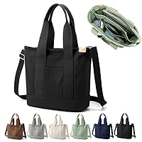 Multi Pocket Canvas Tote Bag with Zipper, Medium Work Bag with Compartments, Japanese Women Everything Purse Mom Bag
