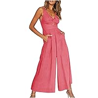 Summer Jumpsuits for Women 2024 Wide Leg Overalls Dressy Casual Rompers V Neck Sleeveless Jumpers Wedding Jumpsuit