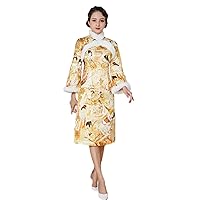 Qipao Autumn and Winter Women Silk Chinese Printed Addition Cotton Cheongsam New Year Rabbit Hair Dress Gold
