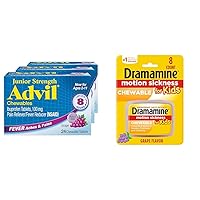 Advil Junior Strength Grape Chewable Ibuprofen for Kids Pain Relief Pack of 3 and Dramamine Kids Chewable Motion Sickness Relief Grape 8 Count