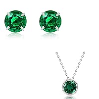 MAX + STONE 14k Gold Large Round Emerald Stud Earrings and Pendant Neckalce | 9mm Birthstone Earrings and 7 mm Gemstone on 18 Inch Cable Chain Spring Ring Clasp Bezel Set Necklace for Women