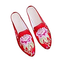 Women Summer Satin Flower Embroider Slippers Ladies Pointed Toe Flat Heel Vintage Mules Shoes