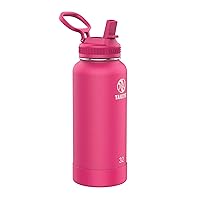Takeya Pickleball Stainless Steel Insulated Water Bottle with Choice of Lid and Carry Handle, 32 Ounce, Backspin Pink