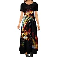 Lion King Women's Short Sleeve Crewneck Dress Casual Long Maxi Dresses