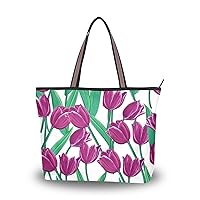 MNSRUU Tote Purse for Women - Soft Polyester Shoulder Bag with Zipper, Large Capacity Handbags,Purple Tulip,L