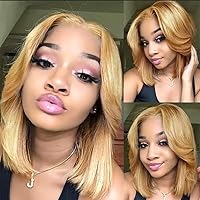 #27 Blonde Color Short Natural Wave Human Hair Wig HD Transparent Lace Front Glueless Wigs 13x6 Invisible Lace Wig Pre Plucked Pixie Cut Wave Bob Brazilian Virgin Hair 150% Density 8inch