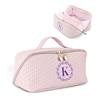 Personalized Initial Makeup Bag for Women Letter Cosmetic Bag Large Capacity Travel Toiletry Bag Cute Pink Make Up Bag PU Leather Toiletry Pouch Birthday Gifts for Women Mom Bridesmaid- K