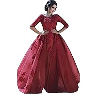 Red 3/4 Sleeves Mermaid Wedding Dresses for Bride Plus Size with Detachable Train Lace Bridal Ball Gowns
