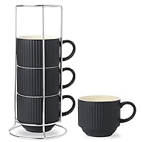 Hasense Coffee Mug Ceramic Set of 4 with Stand - 15 oz Stackable Large Porcelain Ribbed Latte Cup Set for Cappuccino, Tea, Hot Cocoa, Drinks - Dishwasher & Microwave Safe, Black