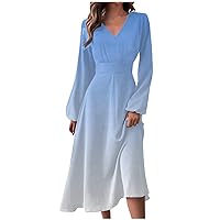 Dinner Dress for Women Subtlety V-Neck Casual Sundress Long Sleeve Daily Gradient Vintage Dresses, Womens Clothes