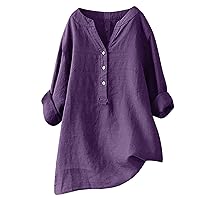 Linen Shirts for Women Plus Size Cotton Roll Up 3/4 Sleeve Blouses Casual Button Down Henley Tops Loose V Neck Tunics