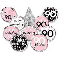 Pink, Black, and White Birthday Party Favor Stickers - Kisses Candy Labels - 180 Count - Milestone Birthday Party Supplies (90th Birthday)