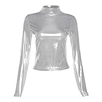 YiZYiF Women's Shiny Long Sleeve T Shirt Metallic Sexy Mock Neck Slim Top Glitter Shirts Party Disco Clubwear