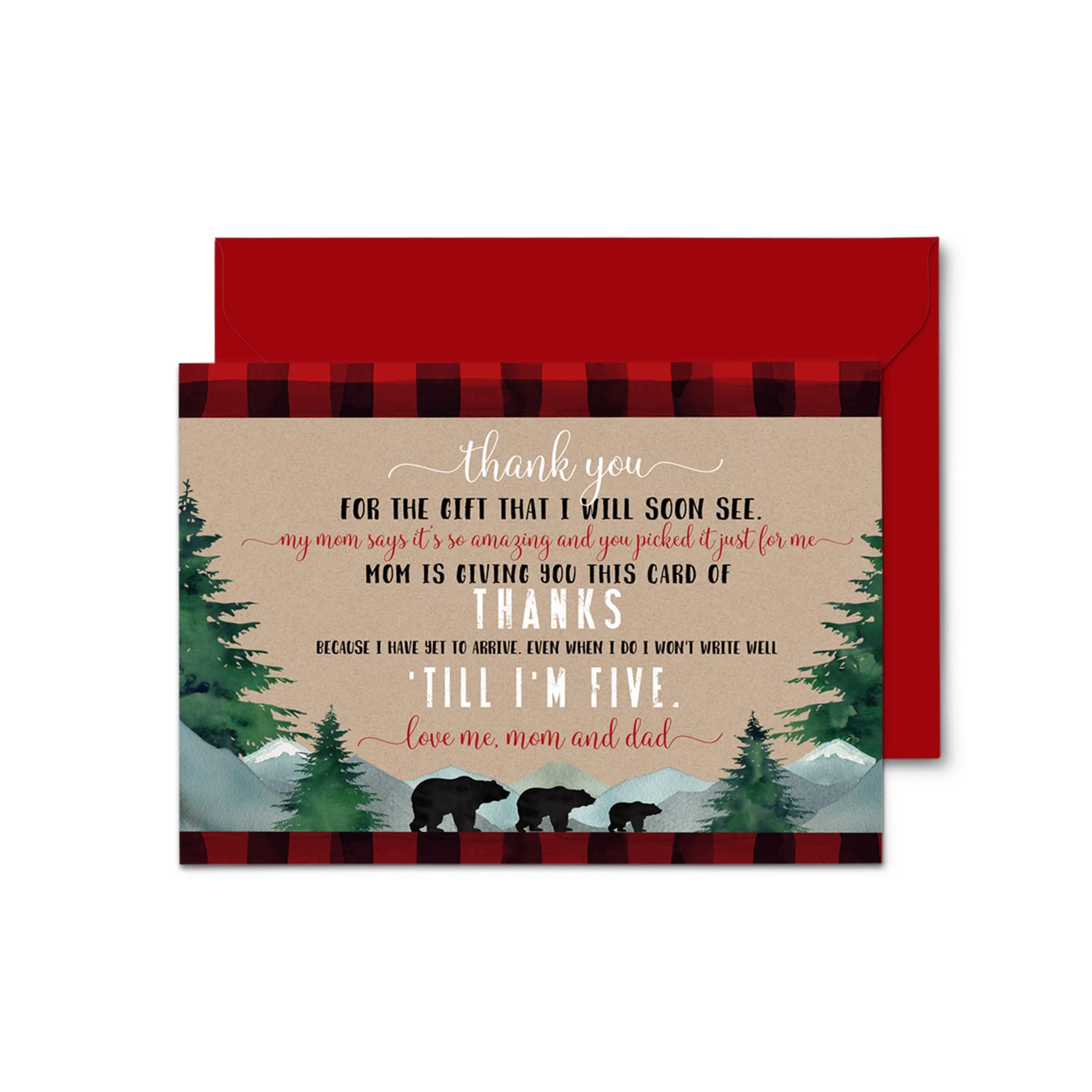 Lumberjack Baby Shower Thank You Cards (15 Pack) Prefilled Note from Boy – Individual Notecards with Envelopes – Say Thanks for Babies Registry Gifts – Red and Black Theme Bear – 4x6 Blank Set