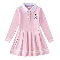 Girls' Uniform Cotton Long-Sleeved A-line Dress Children's School Polo Lapel Dark Blue School Uniform 3-12 Years Old