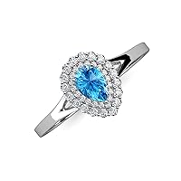 Pear Cut 7x5 mm Blue Topaz Round Diamond 1 ctw Women Halo Engagement Ring 14K Gold