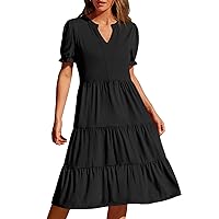 MEROKEETY Women's 2024 Summer Short Puff Sleeve Midi Dress V Neck High Waist Tiered Casual A Line Dress