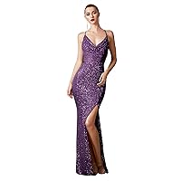 Women's Sling Sequined Evening Dress with Slit Ruched Waist Sleeveless Prom Gown