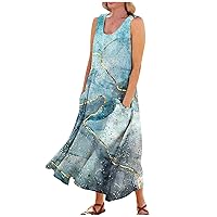 Linen Dress Plus Size Sleeveless Dress for Women 2024 Marble Print Fashion Loose Fit Casual Trendy U Neck Dresses with Pockets Gray 4X-Large