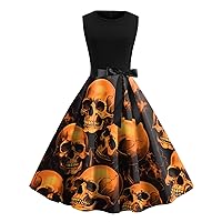 Womens Short Dresses,Womens Easter Round Neck Sleeveless Print Vintage Swing Dress Cocktail Prom Party Dress Pe