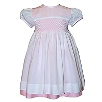 Elegant White and Pink Girls Easter Dress Hand Smocked Short Sleeves