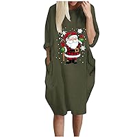 Christmas Dress Women Fashion Casual Stitching Christmas Antlers Print Long-Sleeved Loose Pockets Dress